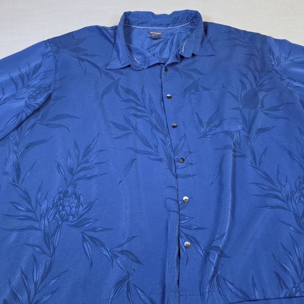 Van Heusen Men 4XLT Blue Tropical Floral Jacquard Short Sleeve Button Down Shirt
